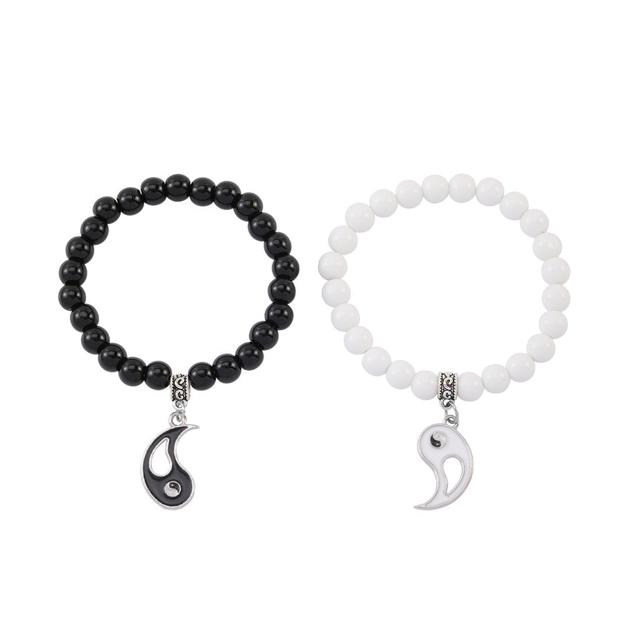 Yin Yang Couple Bracelet Set, Black and White Beads