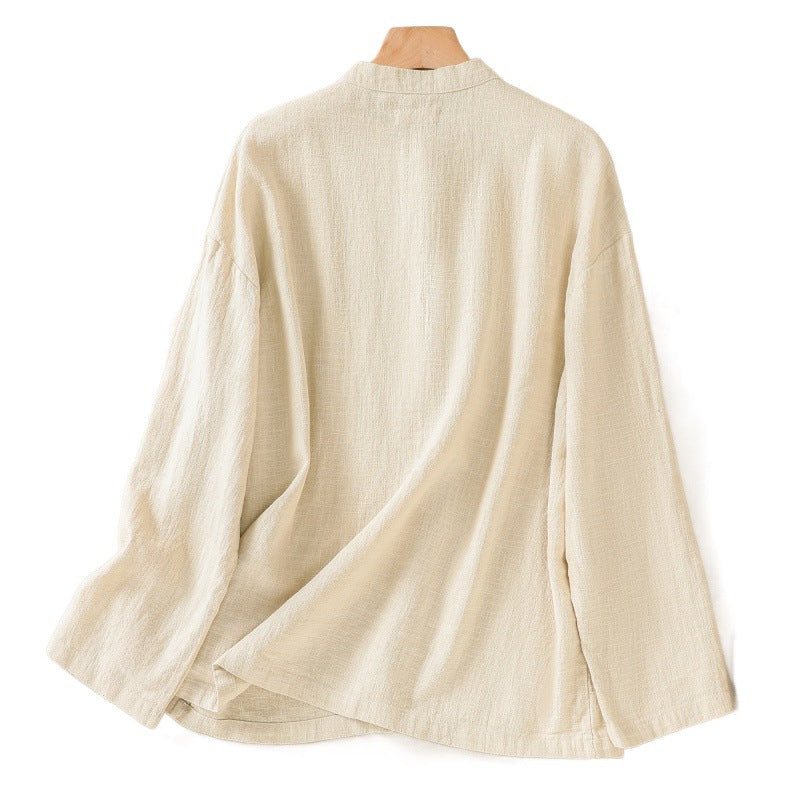 Back view of a beige long sleeve linen shirt on a hanger