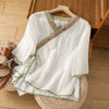 Women's Cotton Linen Embroidered V-Neck Tea Shirt