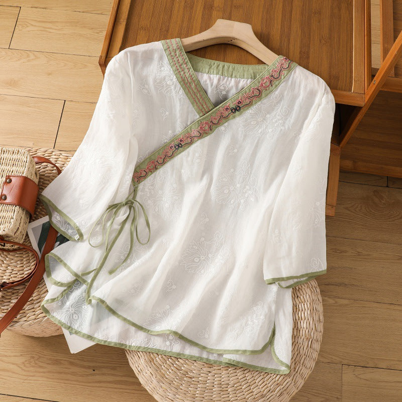 Women's Cotton Linen Embroidered V-Neck Tea Shirt