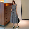 Cotton Linen Midi Dress, Elastic Waist Drawstring Short Sleeve