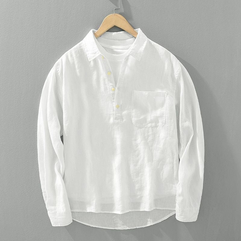Men's Loose Long Sleeve Linen Shirt Solid Color Half Button