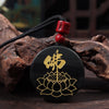 Black Obsidian Pendant Necklace with Buddhist Mantras and Symbols