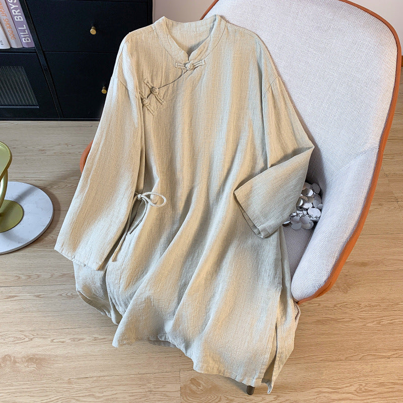 Women's Linen Frog-Button Stand Collar Long Sleeve Shirt