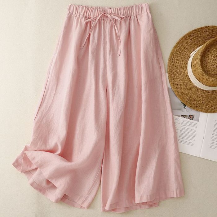 Women's Wide Leg Pants Summer Linen Cropped Trousers With Pockets