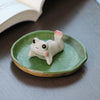 Ceramic Frog Tea Pet Figurines with Lotus Leaf Dish