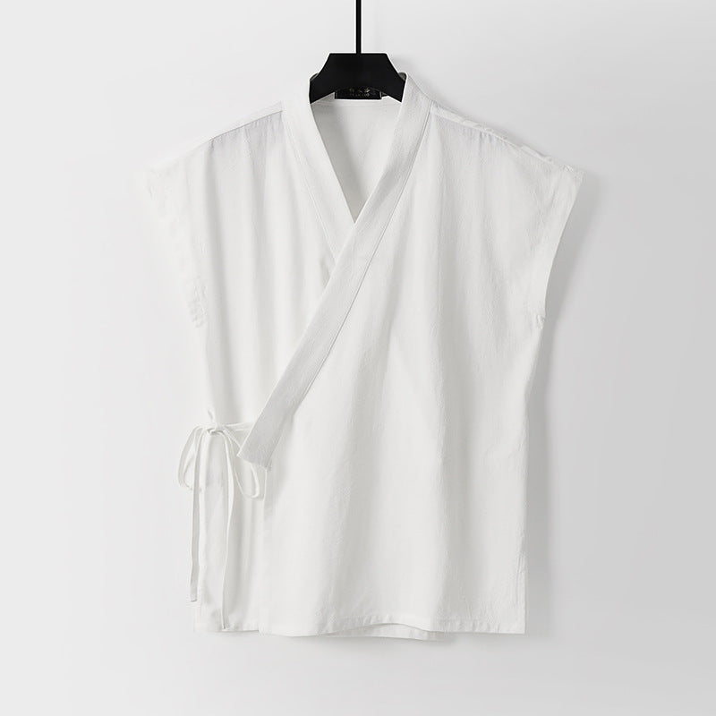 Men's Cotton Linen Vest, Sleeveless V-Neck Wrap Top