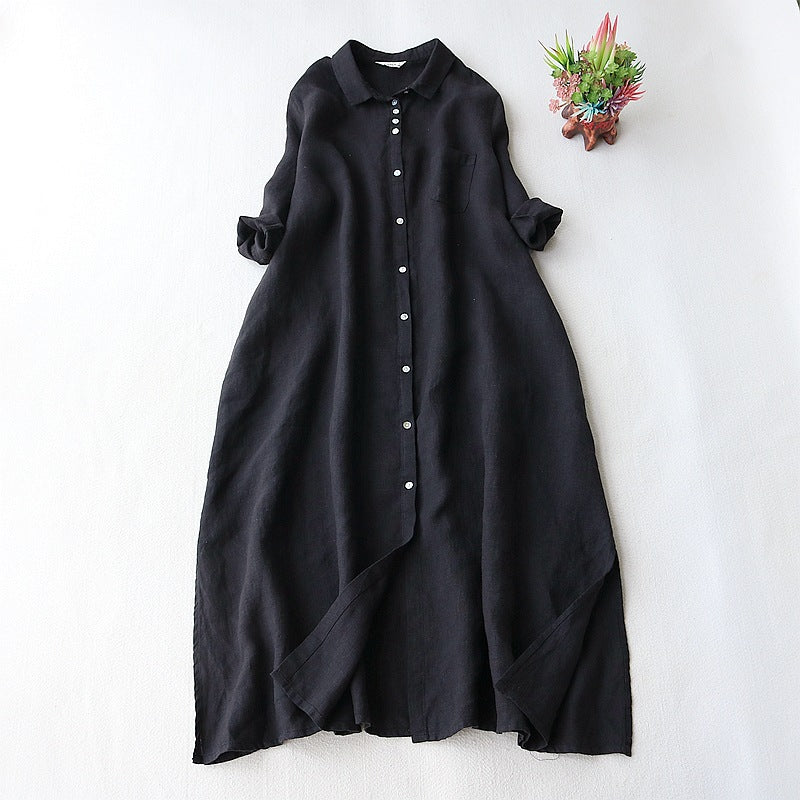 Linen Midi Dress with Pockets and Collar