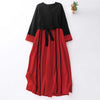 Color Block Lace-Up Design Women's Long Sleeve Midi Dress