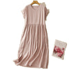 Casual Artistic Solid Color Simple Design High Waist Short Sleeve Midi Dress With Pockets