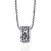 Silver titanium steel necklace with a cylindrical pendant featuring gold accents and Buddhist script