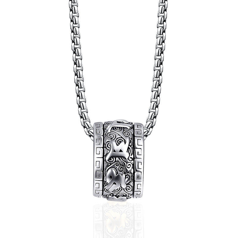 Silver titanium steel necklace with a cylindrical pendant featuring gold accents and Buddhist script