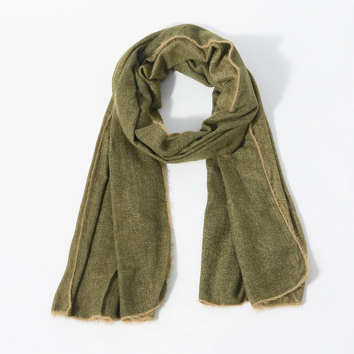 Olive green men's scarf with light brown fringe edges draped on white background