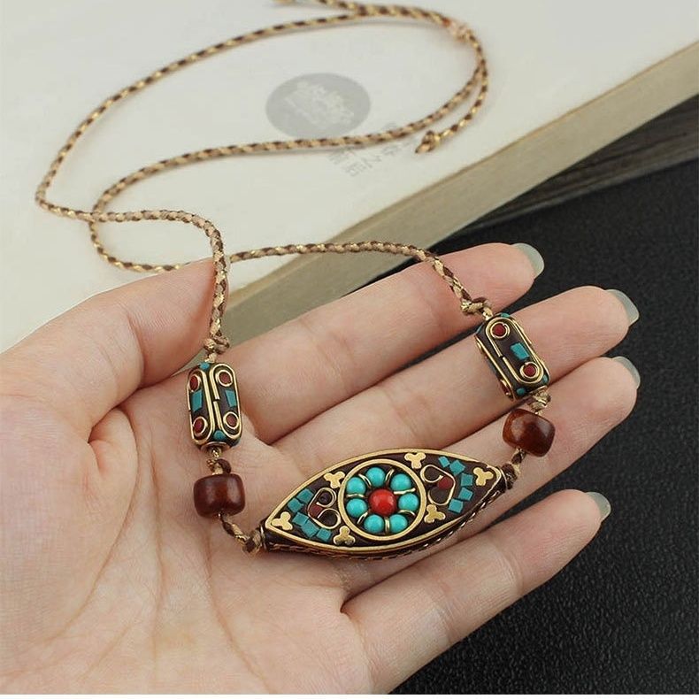 Tibet Turquoise Bead Marquise Pattern Protection Strength Necklace Pendant
