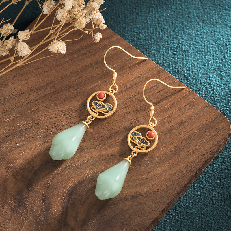 Magnolia Flower Jade Pattern Luck Prosperity Drop Dangle Earrings