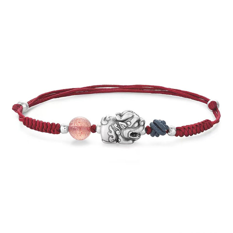 S925 Silver Pixiu Strawberry Quartz Braided Bracelet for Luck