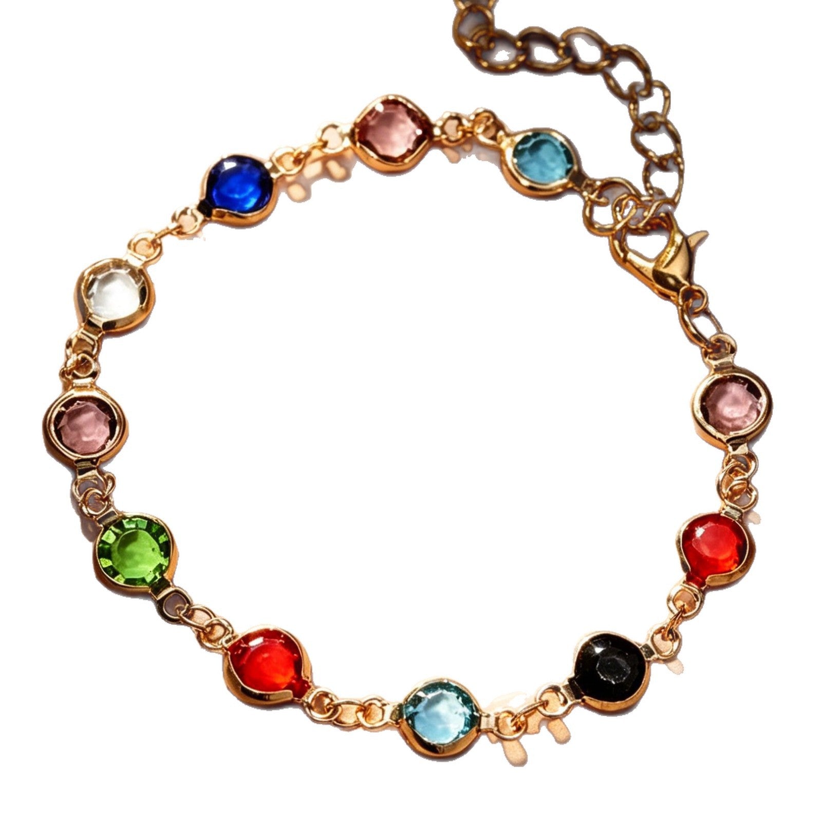 Gold-tone chain bracelet with multi-colored round glass stones and a small butterfly charm