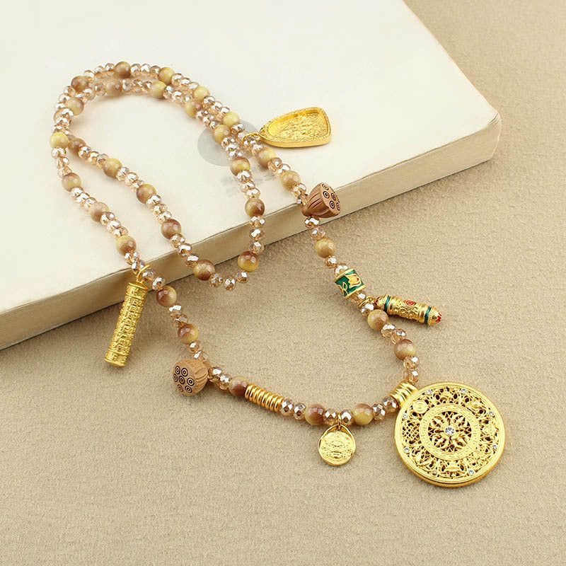 Long Faux Tiger Eye Necklace with Gold-Tone Compass Pendant