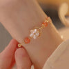 Red Agate Flower Bracelet with Gold-Tone Chain