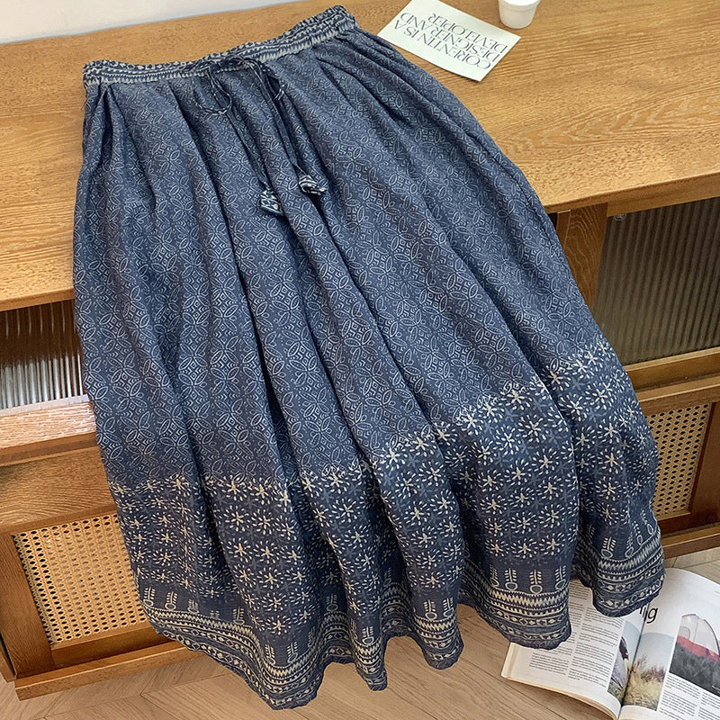 Blue vintage floral cotton linen midi skirt with elastic waist