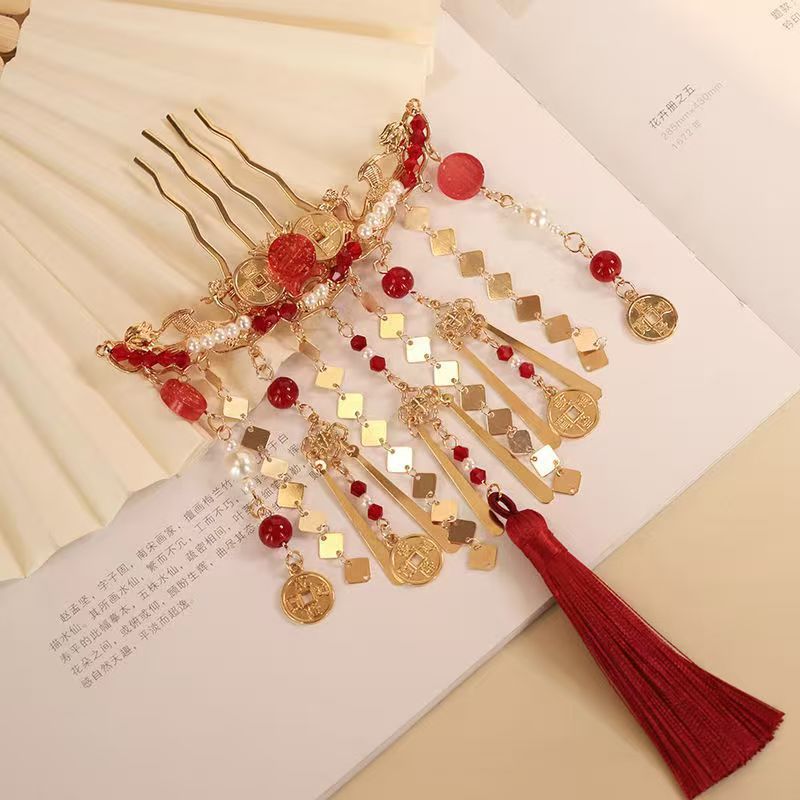 Koi Fish Hair Comb and Hairpin with Red Tassel