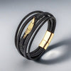 Feather Pattern Multilayer Leather Titanium Steel Calm Braided Magnetic Buckle Bracelet