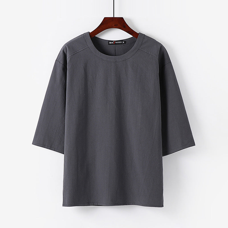 Men's Cotton Linen T-Shirt Elbow Sleeve Loose Fit