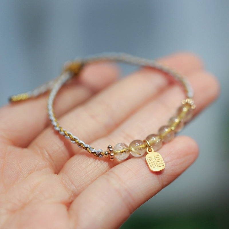 Sterling Silver Jade and Rutilated Quartz Braided Bracelet
