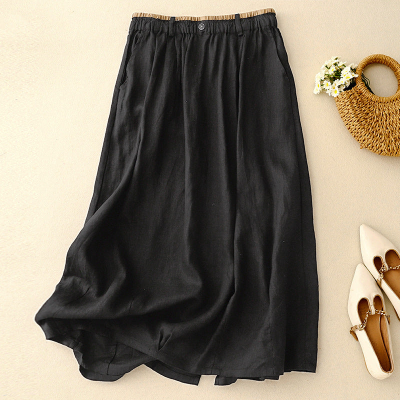 Cotton Linen A-Line Skirt with Side Slit and Pockets