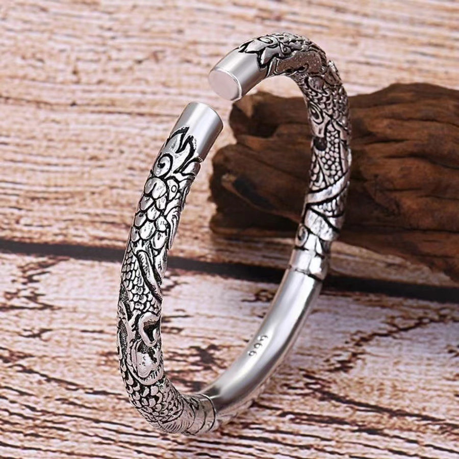 Double Dragon Adjustable Bracelet Silver Tone Alloy Open Bangle