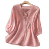 Embroidered Flowers Women's V-neck Shirt, Soft Satin Top