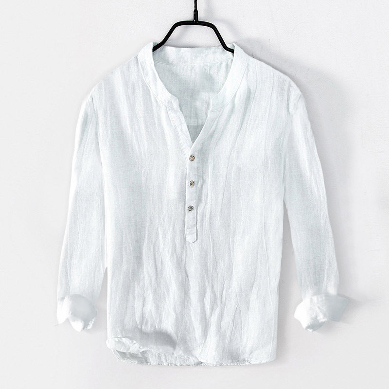 Men's Solid Color Long Sleeve Half Button Cotton Linen Shirt