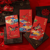 Set of six red envelopes featuring a horse design on a dark wood background