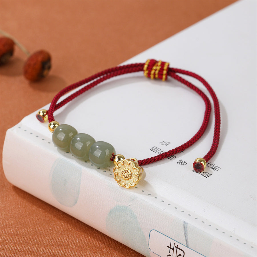 Hetian Jade Bead Braided Bracelet with Gold-tone Charm