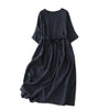 Casual Plain Cotton Midi Dress With Pockets and Tie Waist