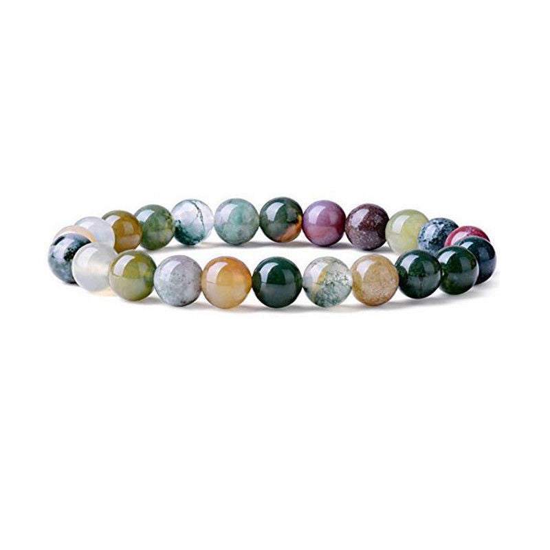 Close up view of a multi-colored agate bead bracelet on a white background