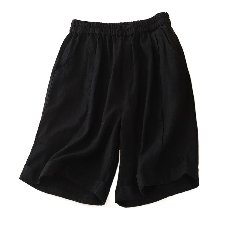 Black cotton linen wide leg shorts with pockets for women