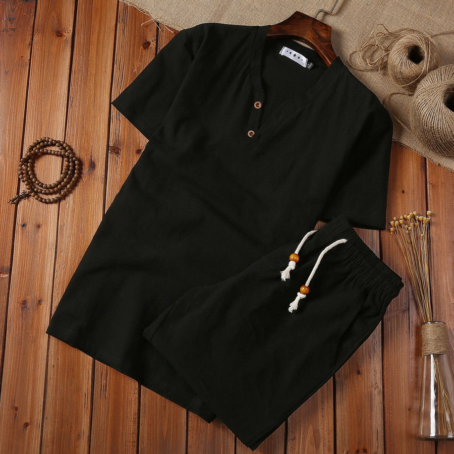 Men's Meditation Cloth Set Cotton Linen Shorts T-Shirt