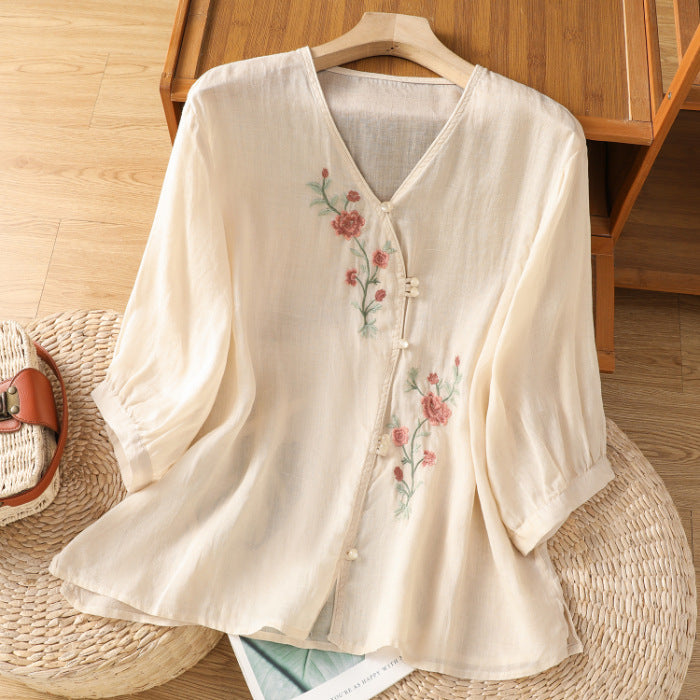 Embroidered Flowers Women's V-neck Shirt, Soft Satin Top