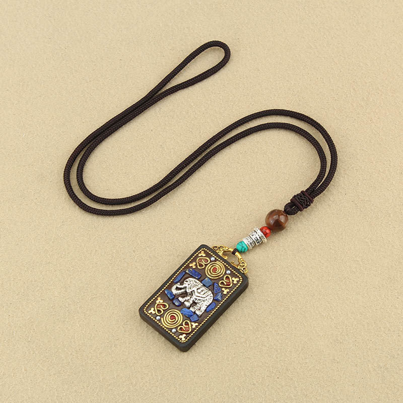 Tibetan Thangka Pendant Necklace, Ebony Wood Rope
