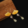 Handmade Ginkgo Leaf Dangle Earrings, Yellow Velvet Flower Design