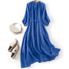 Blue Cotton Linen Long Dress with Three-Quarter Sleeves