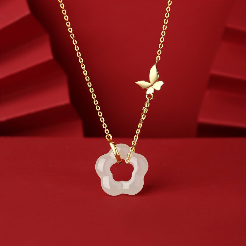 Sterling Silver Butterfly Hetian Jade Flower Necklace