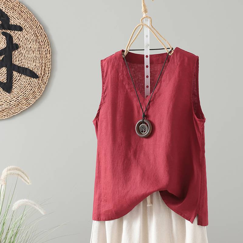 Women's Linen V-Neck Sleeveless Top, Vintage Washed Tank Vest