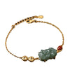 Jade Pixiu Coin Bracelet with Red Agate and Gold Tone Chain