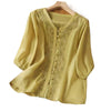Embroidered V-Neck Linen Shirt for Women, Frog Button Top
