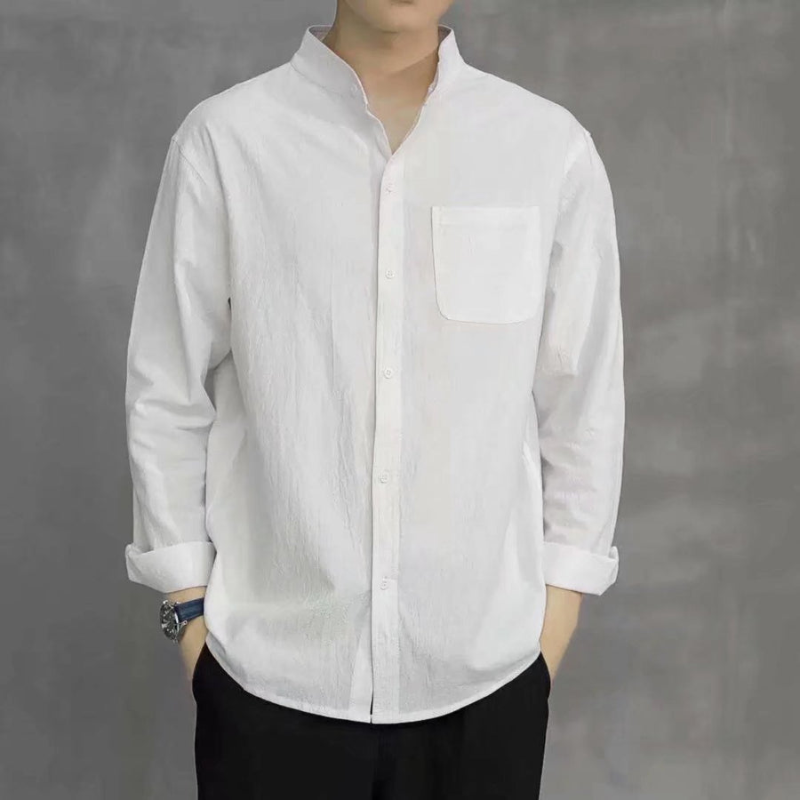 Men's Linen Blend Stand Collar Shirt With Pocket
