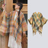 Knit Striped Poncho Wrap with Tassels, Cozy Travel Shawl