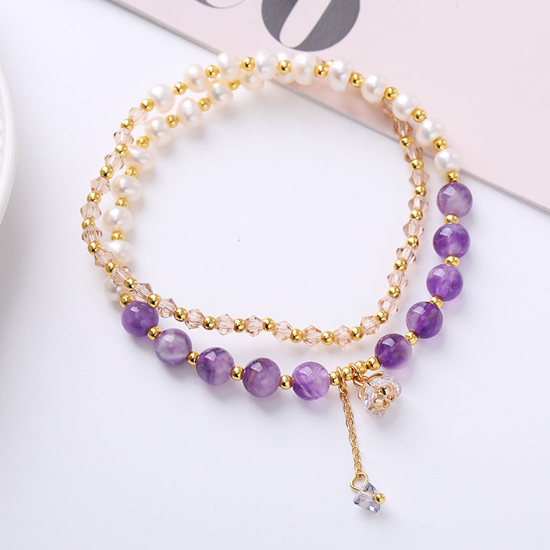 Natural Amethyst Aquamarine Strawberry Quartz Pearl Peace Double Wrap Bracelet