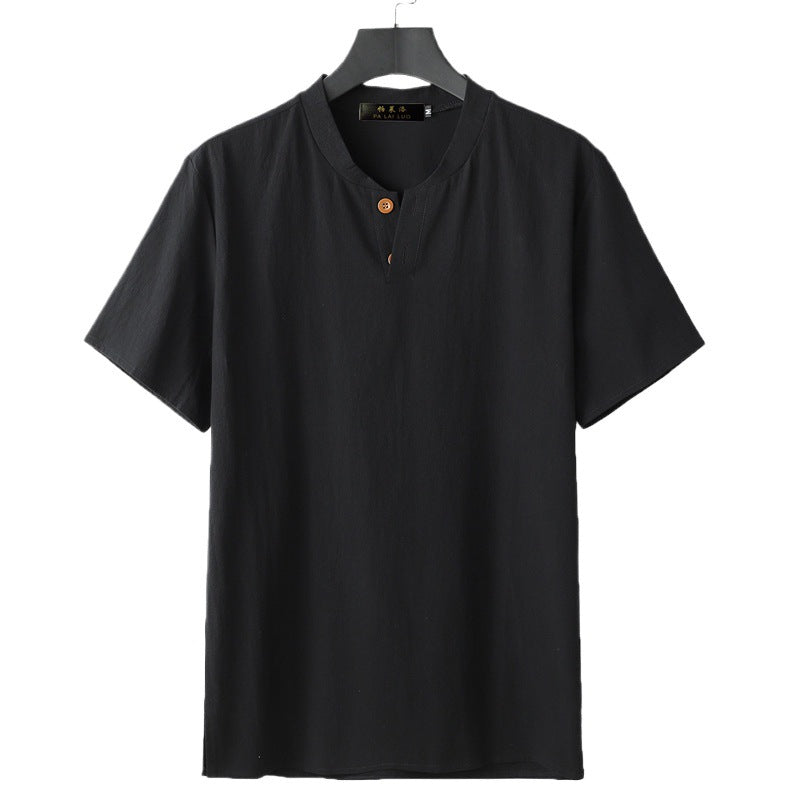 Black men's loose linen blend short sleeve t-shirt with notched neck